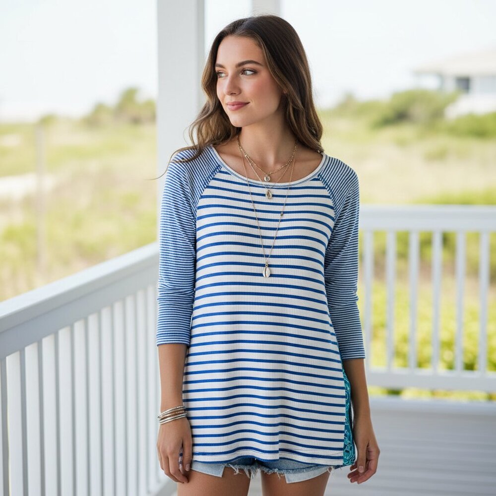 Sharon Young S‎ Blue Stripe Top Mixed Media Coastal Boho Beach Resort Casual Art